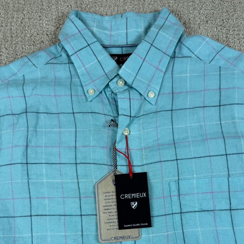 NEW Cremieux Mens Medium Blue Plaid 100% Linen Short Sleeve Button Down Shirt